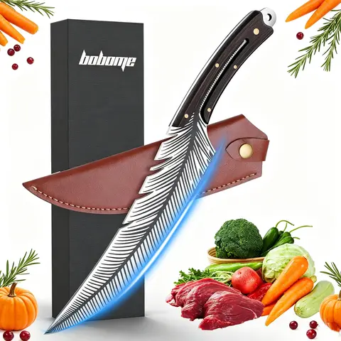 BOBOME Durable Ergonomic Hand-Forged High Carbon Steel Feather Style Viking Thick Blade Kitchen Cleaver - 0.8lb, Multicolor, Plain Edge for Clean Cuts, Sheath for Carry, Outdoor Camping Butcher Tool