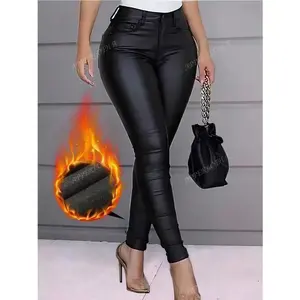 Slim fit cropped pants, high waist, warm lining leather pants casual sexy skinny pants for women workout cozy