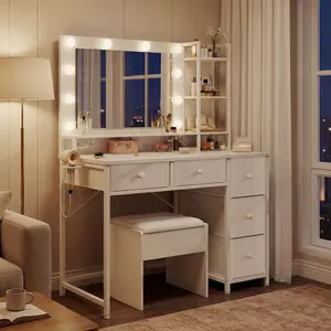 Raybee All-In-One Vanity Table with Mirror & Hollywood Light & Charging Station & Storage Drawers, White 3 Color & Brightness Adjustable LED Lighted Dressing Makeup Vanity Desk GRWM Station for Bedroom, Apartment, Gifts for Girlfriend/Christmas