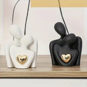 Valentine's Day Gift Embracing Couple Ceramic Statue White & Black Abstract Figure with Gold Heart Cute Desktop Decor Love Theme