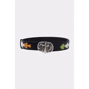AKIRA Label Cross Me Belt - Bold Faux Leather with Colorful Cross Appliqués & Gothic Buckle - 44" Length - 1.5" Width - Hand Wash Only