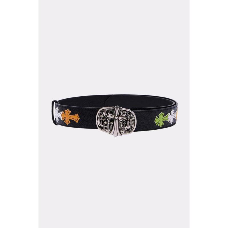 AKIRA Label Cross Me Belt - Bold Faux Leather with Colorful Cross Appliqués & Gothic Buckle - 44" Length - 1.5" Width - Hand Wash Only