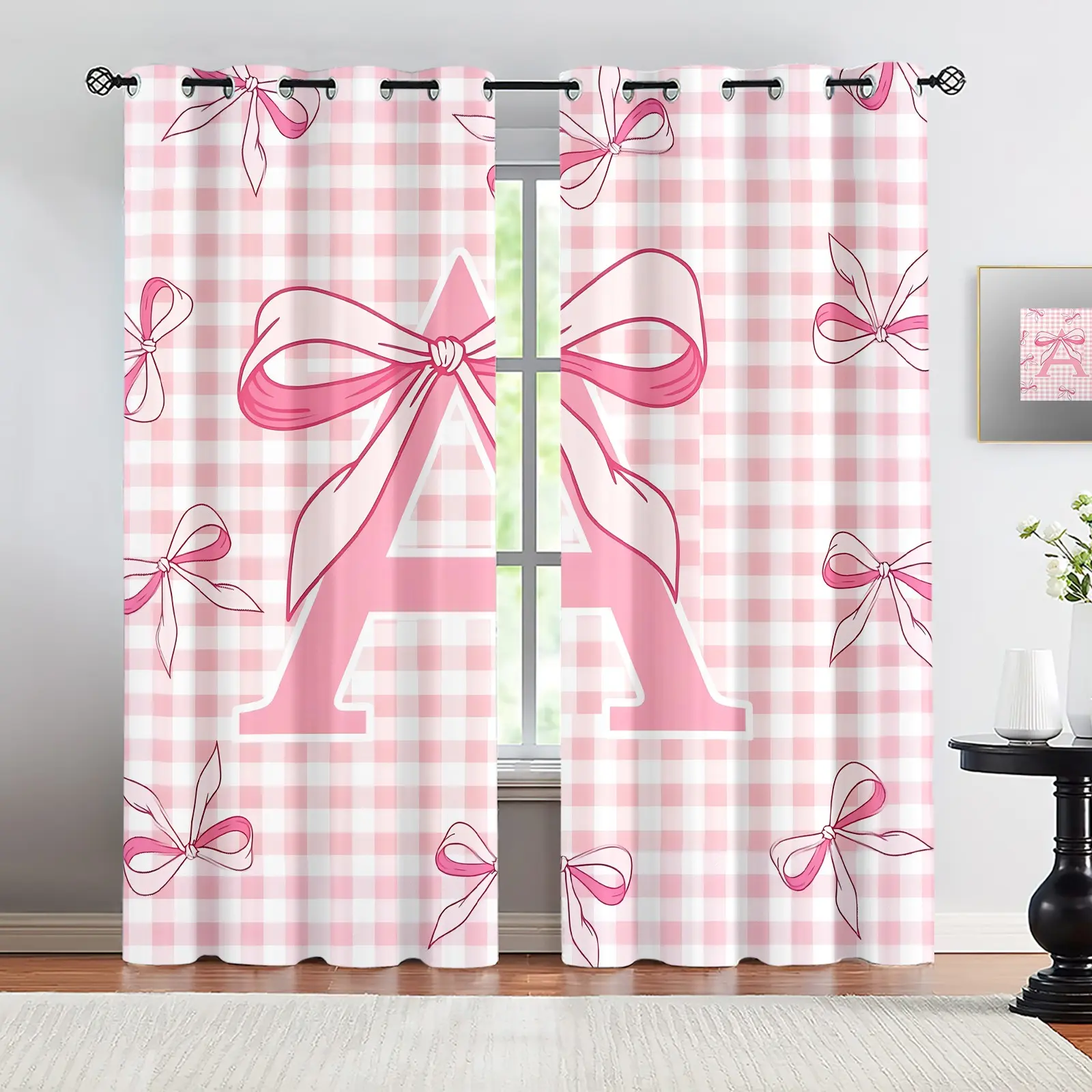 Pink Gingham Bow & Letter A-Z Printed Curtains,2 Panels, Coquette Aesthetic Decoration Curtains, Soft Fabric Thermal Insulated, Preppy Style for Girls Bedroom, Living Room, Dorm Room Window Decor