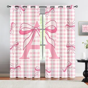 Pink Gingham Bow & Letter A-Z Printed Curtains,2 Panels, Coquette Aesthetic Decoration Curtains, Soft Fabric Thermal Insulated, Preppy Style for Girls Bedroom, Living Room, Dorm Room Window Decor