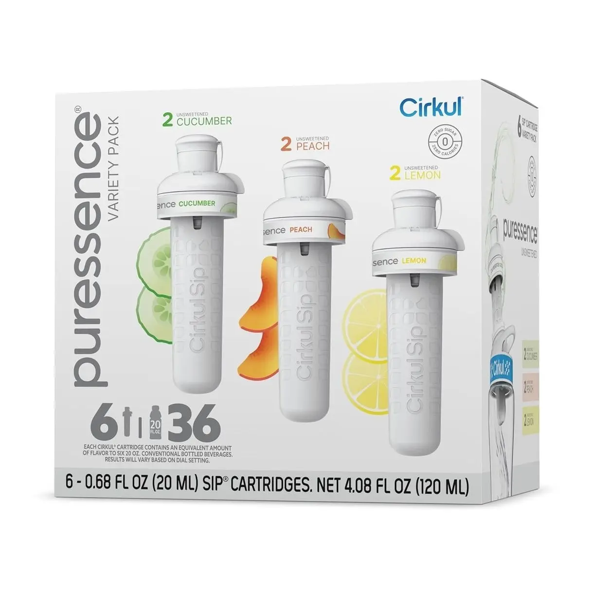 Cirkul Puressence Unsweetened Flavor Water Variety Pack, Makes 36 Drinks, No Sugar, Zero Calorie Drink Mix, (2 Cucumber, 2 Peach, 2 Lemon)