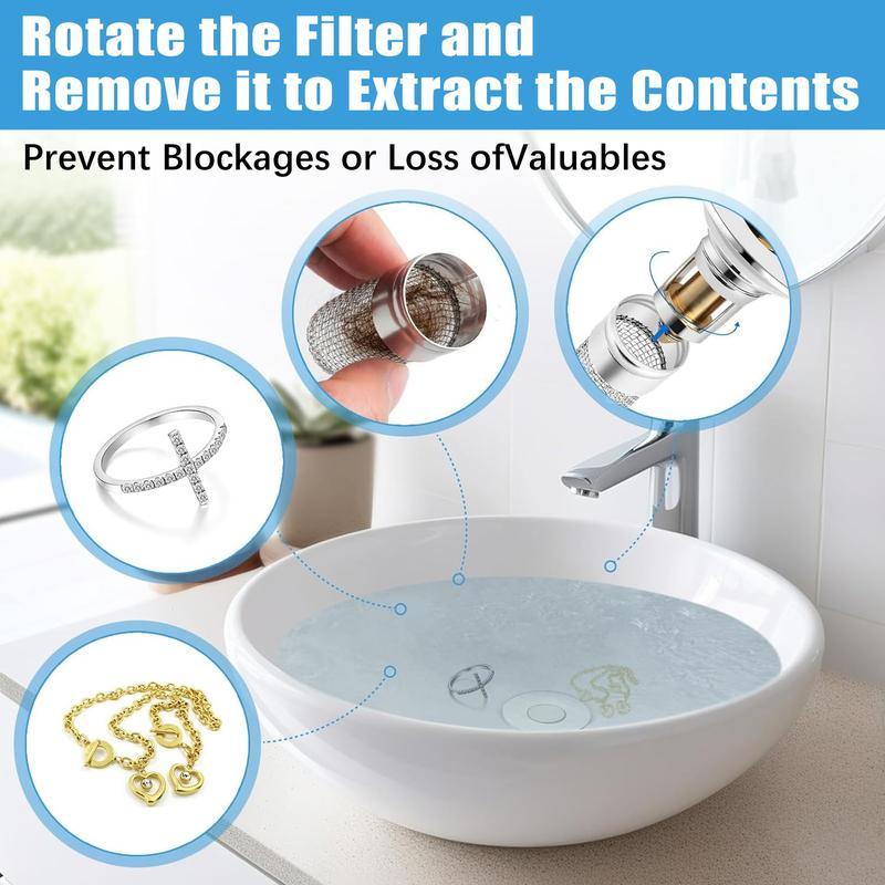 Metal sink filter made of 304 stainless steel-Bathroom Sink Drain Stopper-PopUp Drain with Stainless Steel Filter Basket Hair Catcher, Universal Replacement for 1.1-1.45 Inch Sinks