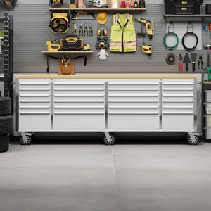 96 Inch Rolling Tool Chest with 24 Drawers, Rubber Wood Workbench Top, Anti-Fingerprint Steel, Lockable Wheels & Key Lock, Mobile Storage Cabinet Organizer For Garage & Workshop
