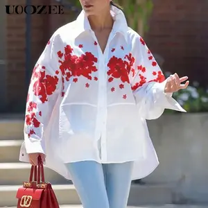 UOOZEE Women’s 2025 Spring Autumn Loose High-low Sheer Hem Lapel Shirts Blouses Long Sleeve Fashion Flower Printed Elegant Tops for Casual Daily or Office