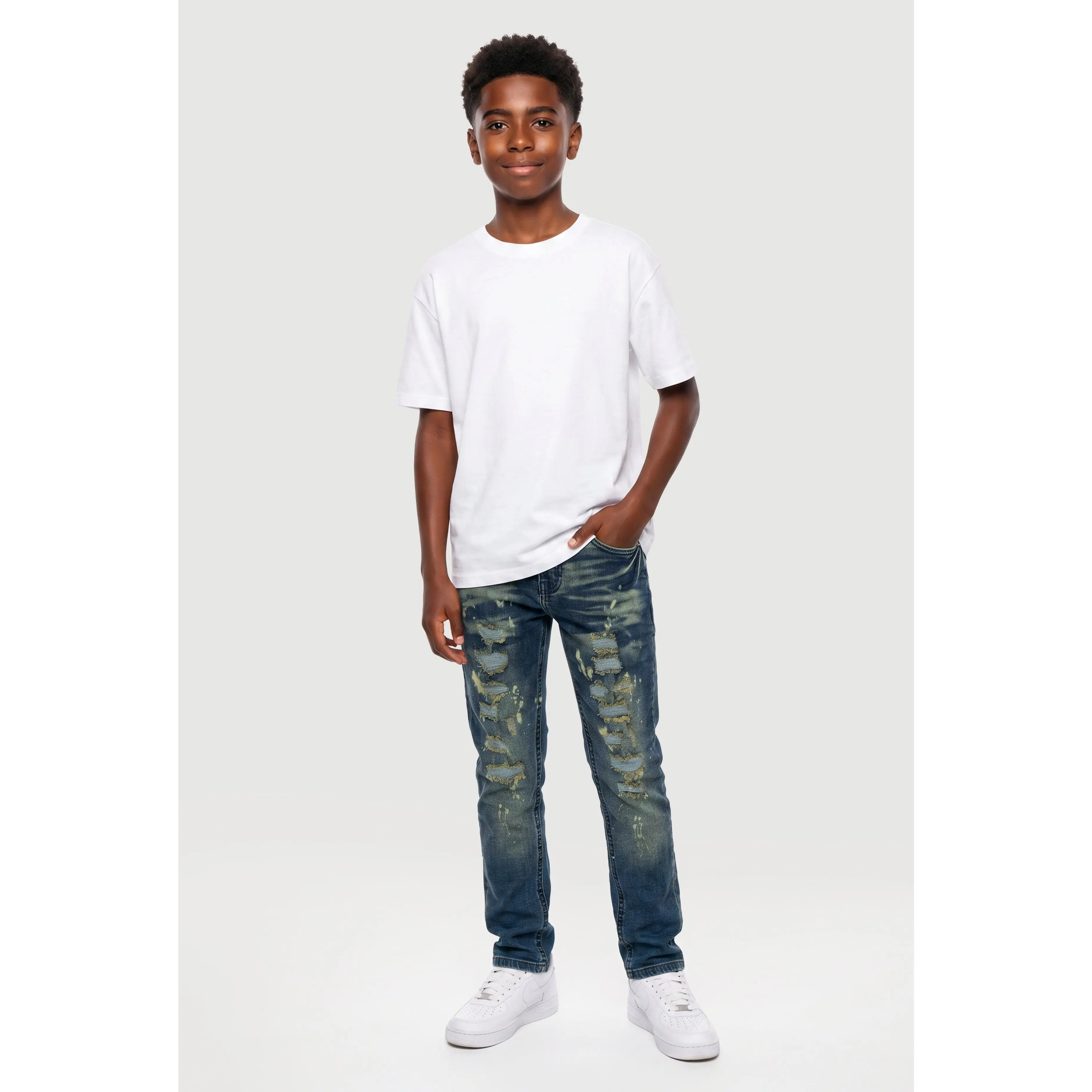 Boys Whiskered Distressed Frayed Skinny Jeans