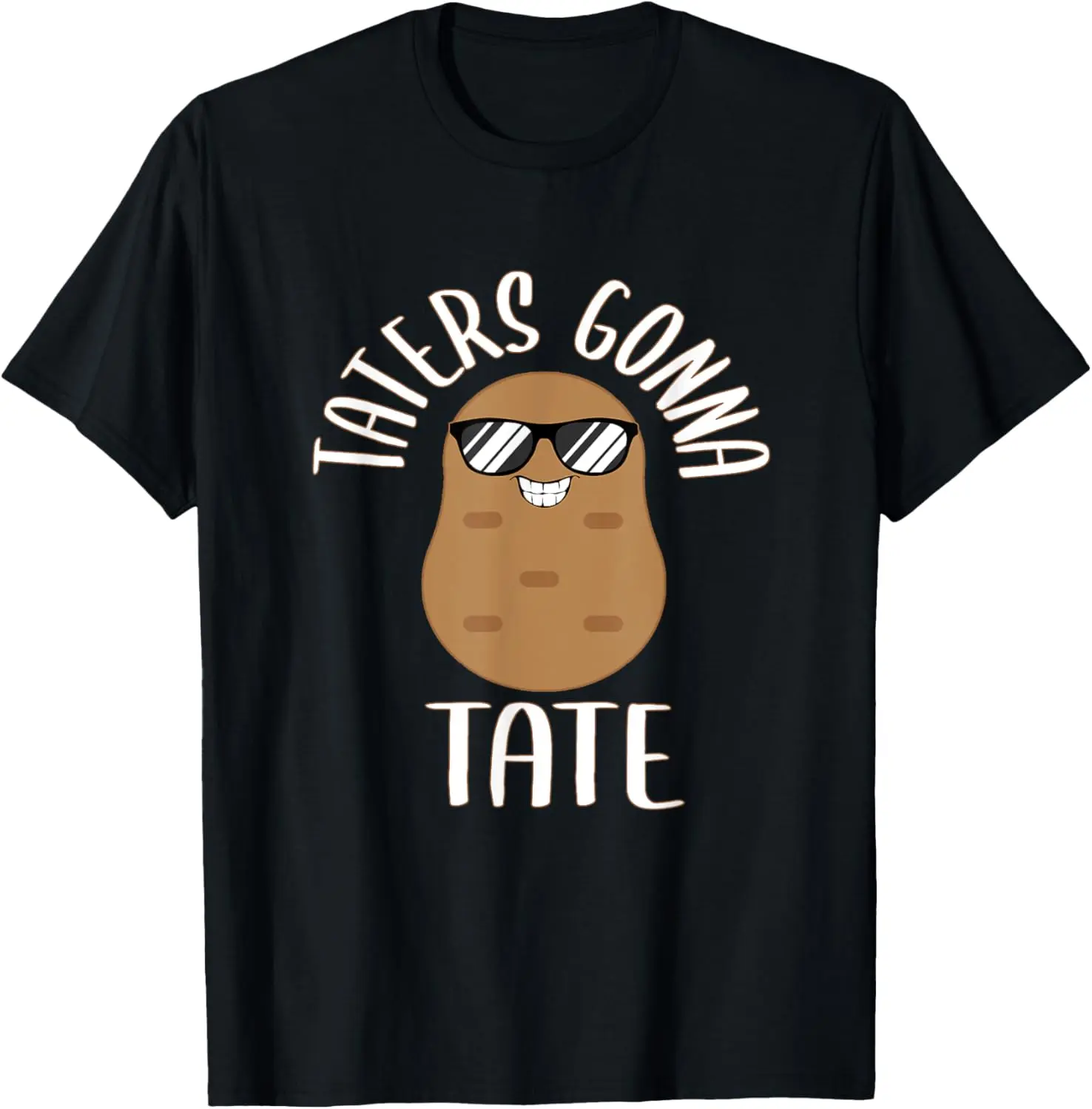Women's Graphic T-Shirt, Casual 'Taters Gonna Tate' Potato Print, Shortsleeve Street Style Tee in 100% Cotton Fabric, Everyday Regular Fit, Low Iron, v001340-black, Breathable, Minimalist, Breathable Fabric, Tops
