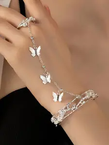 Vintage Ethnic Style Silver Color Butterfly Tassel Chain Bracelet Ring Set, Simple Design Women's Creative Personalized Jewelry