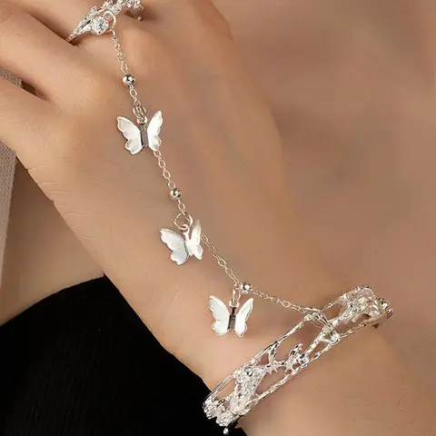 Vintage Ethnic Style Silver Color Butterfly Tassel Chain Bracelet Ring Set, Simple Design Women's Creative Personalized Jewelry Butterflies Set, Cuff Bracelet Set, Boho Jewelry Set