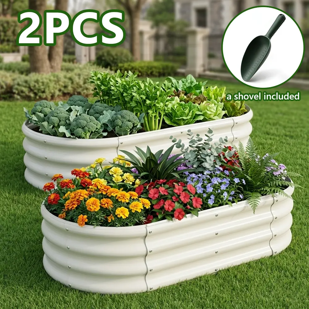2 Sets Galvanized Raised Garden Bed Kit with Shovel, 48*24in Oval Large Metal Planter Boxes, Elevated/Freestanding/Raised Plant Bed Flower Pots for Outdoor Vegetables, Easy Assembly, Black or White, Elevated Garden Bed Flower Pots