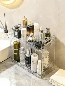 2-Tier Wavy Acrylic Vanity Organizer, Luxury Countertop Skincare & Makeup Storage Shelf, Detachable Bathroom Sink Caddy, Space-Saving Waterproof Vanity Tray for Cosmetics, Stylish Dustproof Counter Storage Rack Clear