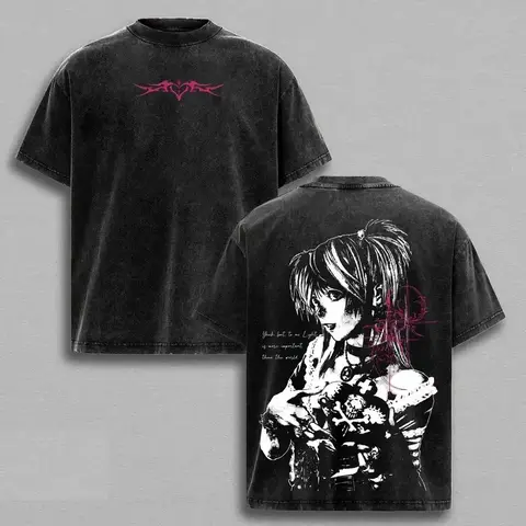Men's Gothic Anime Cotton Round Neck Graphic T-Shirt - Misa Amane Deathnote Print, Heavyweight Baggy Fabric, 2000s Vintage Streetwear Aesthetics Casual Top