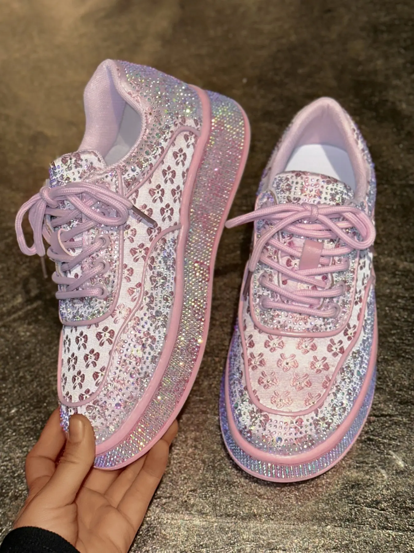 Shiny Rhinestone Sweetheart Thick Sole Casual Shoes, Sneaker, Floral Mesh Patchwork Multicolor Women's Shoes, Fashionable Dress Shoes for All Seasons Walking Shoes