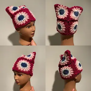 100% Cotton One Size Granny Square Cat Beanie
