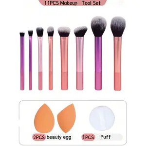 11Pcs Makeup Brush Set with 3 Makeup Sponges & Powder Puff, Soft Synthetic Bristle Cosmetic Brushes for Foundation Blush Eyeshadow, Colorful Handle Makeup Tools Kit for Women Beginners & Pros