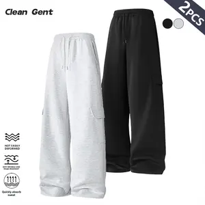 Clean Gent Men's Casual Street Style Joggers, Multi-Pocket Work Pants with Drawstring Elastic Waistband, Loose Fit Straight Leg Wide-Leg Pants, Versatile Basic Running Pants Suitable for Everyday Wear, All-Season Men's Apparel Bottoms