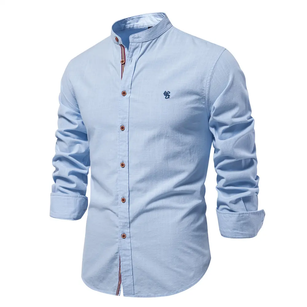 Men's Casual Mandarin Collar Long Sleeve Button Down Shirt