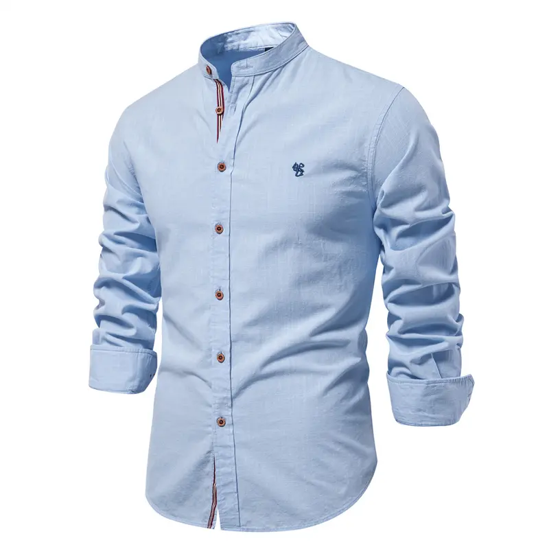 Men's Soft Classic Mandarin Collar Long Sleeve Button Down Shirt, Menswear for Outdoor, Office Wear