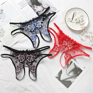 Three pairs of sexy underpants; Low-waisted, form-fitting T-shaped pants with open-crotch silk thread embroidery and light luxury embroidered T-shaped underwear Womenswear Panties