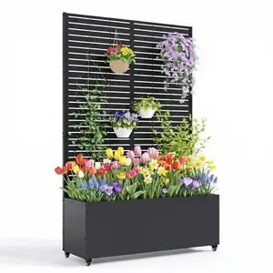 Metal Planter Box with Trellis, 47"X16"X71" Raised Garden Bed w/Wheels, Galvanized Metal Privacy Screen for Climbing Plants, Vegetables, Vines, Patio Planters with Drainage Holes, 16" Deep Bed Horizontal stripes