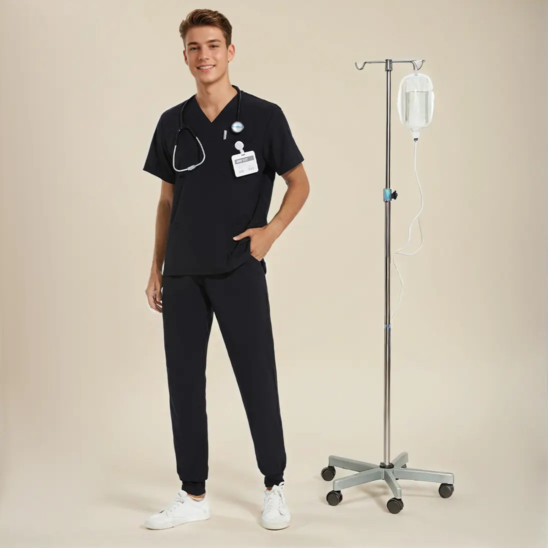 Men Scrub Set – V-Neck Stretch Top & Jogger Pants with 8 Pockets, Yoga Waistband, Anti-Wrinkle Fabric