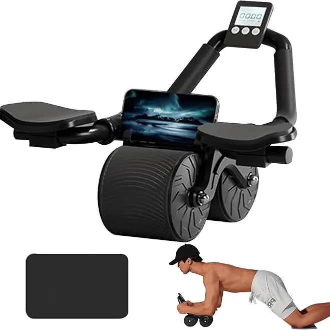 Portable 2 wheels Abs Roller , Abdominal Wheel with Timer, Knee Mat, Automatic Rebound & Elbow Support - Core-Strengthening Fitness Equipment for Men and Women