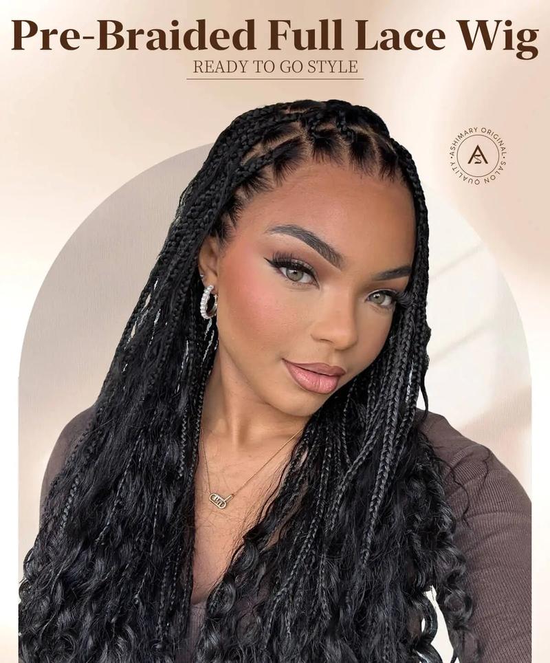 [26" Limited Offer] Ashimary Boho Knotless Box 26" Braided Wigs Full Double Lace Braid Wig for Black Women Lace Frontal Human Hair Blended Braided Wig with Boho Curls 360 Lace Front 428