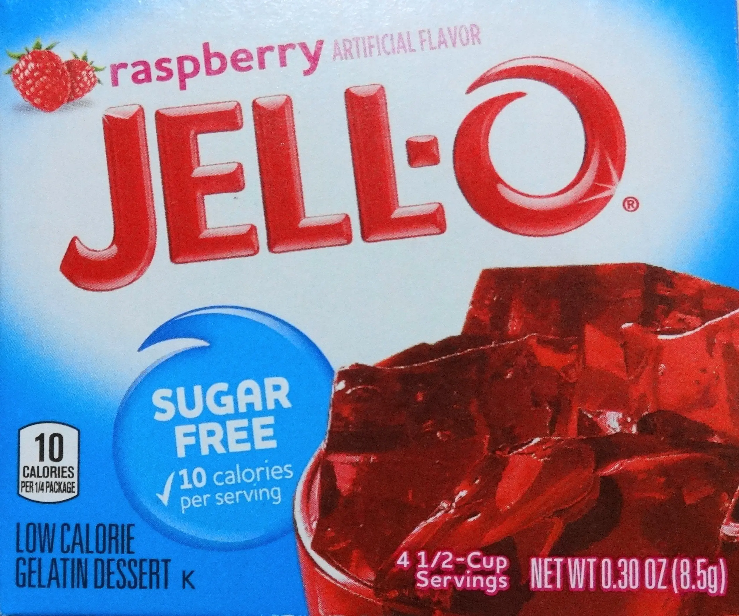 Jell-O Sugar-Free Raspberry Gelatin Dessert, Gelatin-Base Low-Calorie Fruit Snack, 0.3 oz Pack of 3