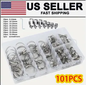 101Pcs Adjustable Hose Clamps Worm Gear Stainless Steel Clamp Assortment set