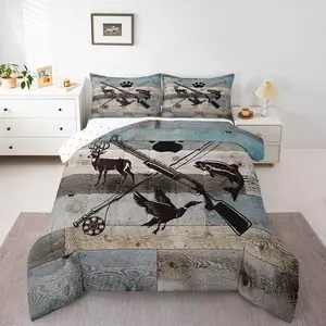 Fishing and Hunting Comforter Set,Mallard Duck Fish Deer Hunting Southwestern Comforter,Rustic Cabin Wooden Bedding Set,Patchwork Design Duvet Set