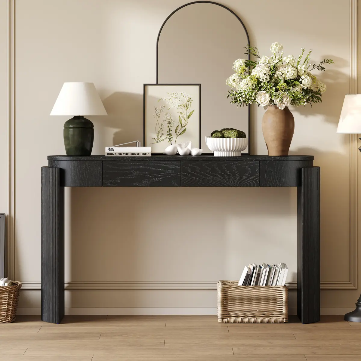 Black Pine Entryway Console Table - Natural Wood Grain Finish, Fluted Design, Oval Top, 2 Drawers, 55.10x13.80x32.50 Inches, 41.89 Lbs, Classic Style, Assembly Required for Entryway, Living Room