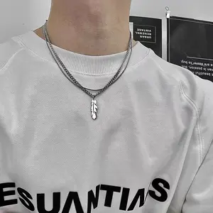 Men's Titanium Steel Double Stacked Layer Collarbone Chain, Hip Hop Feather Pendant Cuban Chain & Link, Non-Fading Trendy Niche Design Choker Necklace