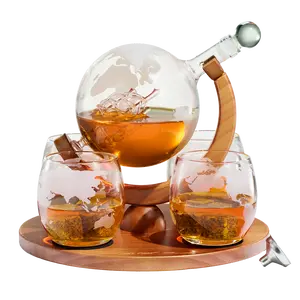 Etched World Decanter whiskey Globe - The Wine Savant Whiskey Gift Set Globe Decanter 750 ml with Antique Ship, Whiskey Stones and 4 World Map 10oz Glasses, Great Gift - Alcohol Related Gift, HOME BAR