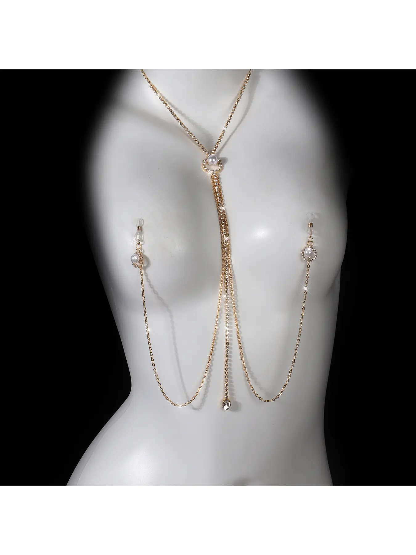 European and American cross-border new imitation pearl pendant breast clip nipple chain sexy nightclub hot girl outfit chest chain Bling Chain body chain Body Jewellery accessories