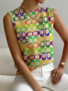 Women's Geometric Pattern Colorblock Sweater, Casual Sleeveless Knit Top, Comfortable Warm Clothing for Spring Summer Fall