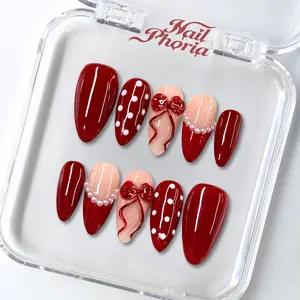 NailPhoria PEARL ROUGE - Valentine Handmade Press-On Nails | Reusable, Salon-Quality, Long-Lasting, Glossy Design