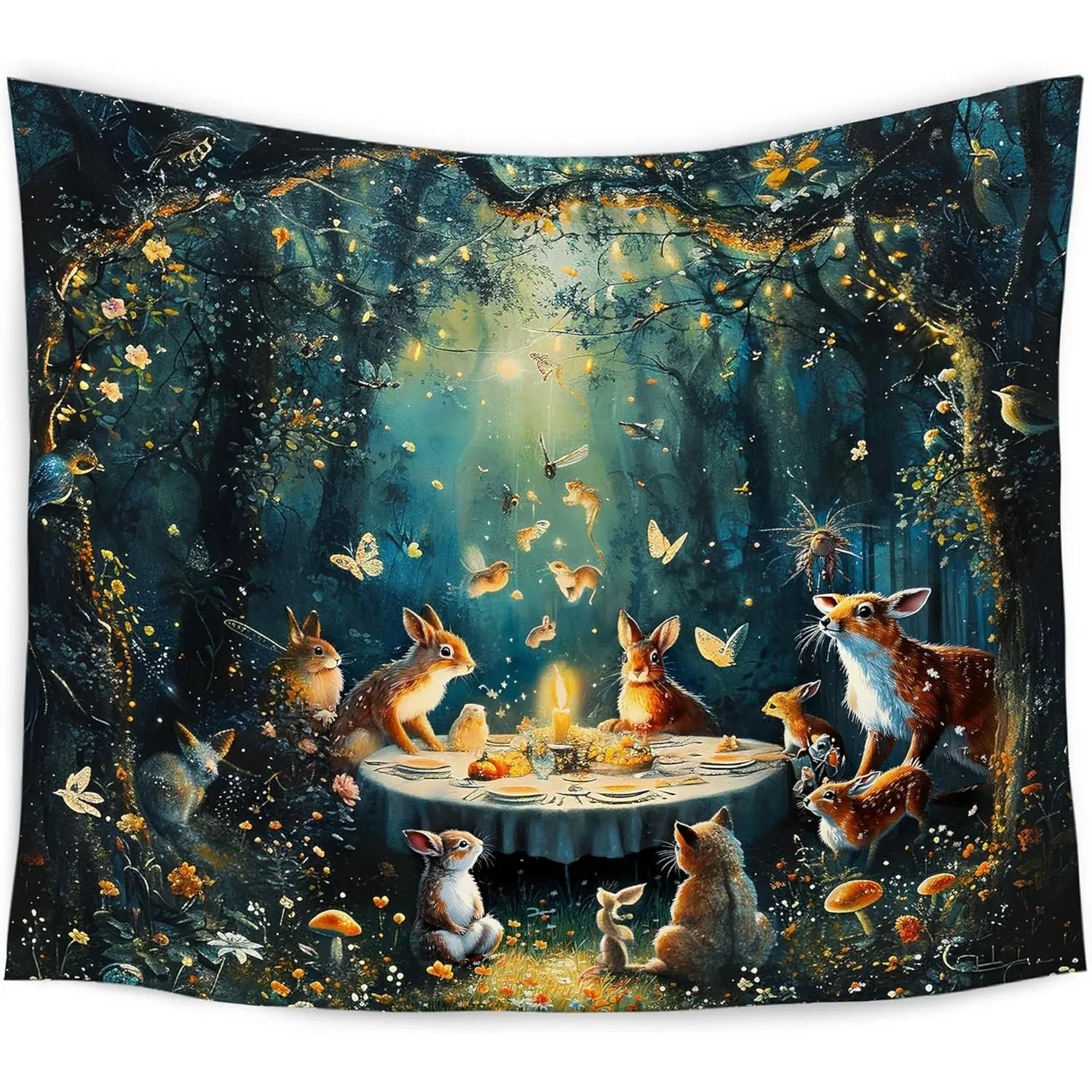 Enchanted Forest Photo Digital Print Linen Tapestry - Wrinkle-Resistant Peach Mat Cloth Wall Hanging, Magical Wildflower Animal Home Decor for Living Room, 50x60 in, Daily/Anniversary Use