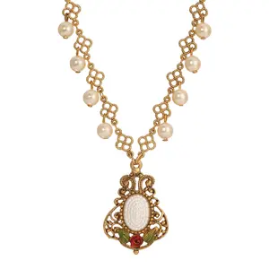 1928 Jewelry Pearly Eden Rose Enamel Filigree Pendant Necklace 16" + 3" Extender