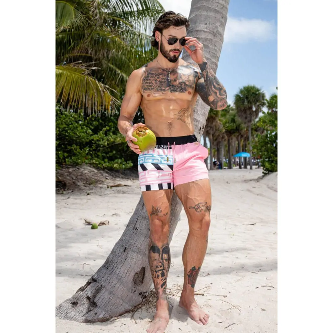 Pink Prisma Short | Men's Luxury Swim Trunk | Designer Swimwear | Bold Pastel Print | Quick-Dry | Beach Resort Pool | Bays Brand