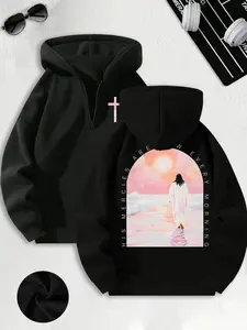 Hooded Sweatshirt with Half-Zipper & Cross, Religious Streetwear Design, Inspirational Quote, Perfect Daily Wear