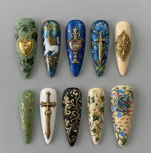 Handmade Press On Nails Medieval Legend Aesthetic 3D Golden Sword Unicorn And Holy Grail