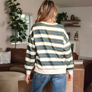 Khaki Stripe Crew Neck Drop Shoulder Pullover Sweatshirt