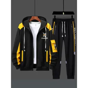 Men's & Youth Sportswear Set - Full-Zip Hooded Jacket & Joggers Pants with Contrast Stripe Design, Thermal Transfer Print, Zippered Pocket - Gym, Outdoor, Casual Athletic Outfit - Machine Washable Spring/Fall Two-Piece Set for Men & Teens (Black/Whit