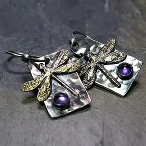 Vintage Style Geometric Square Dragonfly Earrings with Purple Resin Accents Alloy and Iron Perfect for Casual Outfits Dragonfly Jewelry