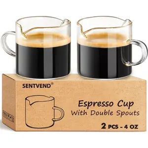 Espresso Cups Set of 2 - 4 Oz Espresso Shot Glass with Handle Double Spout Clear Glass Milk Cup Espresso Accessories Great for Making Coffee Desserts Salad Dressings