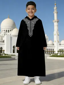 Boys' Velvet Robe with Geometric Lines, Hooded Long Coat, Stylish Kids' Clothing, Casual Wear, Modest