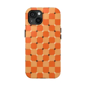 Orange Bliss Checkered Illusion Artist Created iPhone 15 Tough Phone Cases-wireless charging Accessories Protection